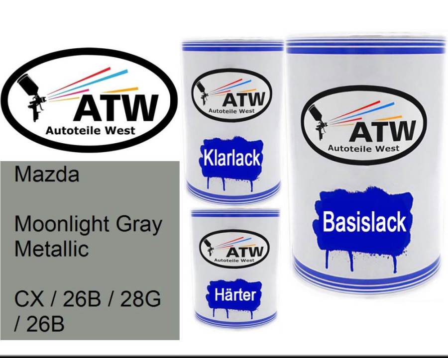 Mazda, Moonlight Gray Metallic, CX / 26B / 28G / 26B: 500ml Lackdose + 500ml Klarlack + 250ml Härter - Set, von ATW Autoteile West.
